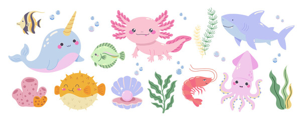 Cute aquatic animals clipart. Sea animals collection with seaweed, pearl for for children's designs, stickers © Tetianka