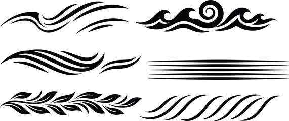Set of decorative black wave borders and tribal ornaments featuring ocean swirls wind patterns and floral leaf elements isolated on white background © Shahidul