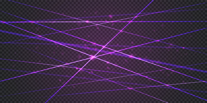 Neon purple laser intersecting beams bg with overlay effects and glowing particles on dark bg. Security scanner grid. Vector illustration with gradient mesh.