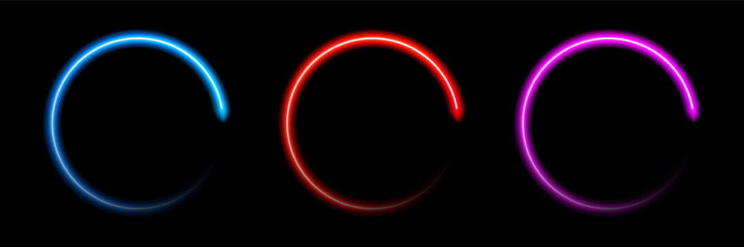 Set of neon circular buffering or download icons on black background. Red, blue and purple rotating line.  Vector illustration with gradient mesh and iverlay effect.