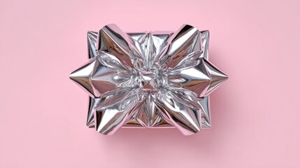 Fototapeta premium Shiny Metallic Gift Bow on Bright Pink Background for Celebratory Occasions and Festive Themes