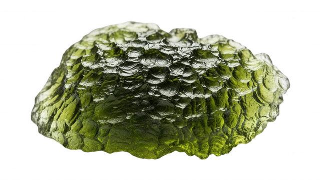 Textured green moldavite gemstone with bubbly surface and rough edges isolated on a transparent background