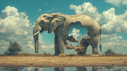 Fototapeta premium Conceptual wildlife illustration of an African elephant with a large hollow cavity in its body, standing on dry savanna terrain beneath clouds and blue sky
