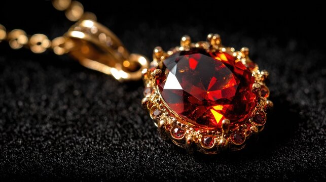 Stunning close-up of a luxurious gold pendant with a vibrant red gemstone surrounded by sparkling accents