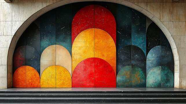 Large abstract wall mural with layered semicircle arches in red, orange, yellow, and teal tones on a concrete underpass, modern street art background with copy space