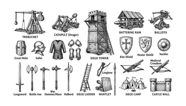 Medieval siege warfare weapons and armor set isolated transparent background vector illustration castle battle elements.