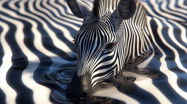 Detailed close-up of a zebra drinking at a waterhole, with bold black and white stripes reflected in rippling water, wildlife concept for safari and nature themes