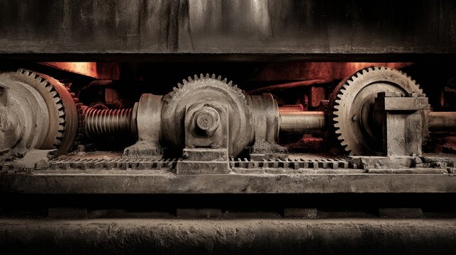 Industrial Gears and Mechanical Components in a Factory Setting with Dramatic Lighting and Textured Surfaces
