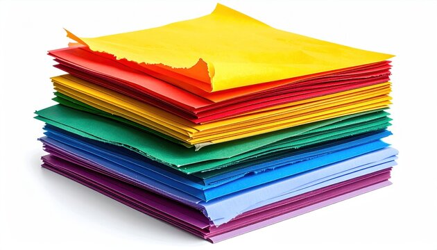 Stack of colorful paper folders arranged in a rainbow gradient on a white background creative office supplies
