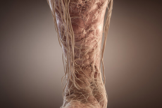 Medical illustration of elephantiasis lymphedema in a human leg.