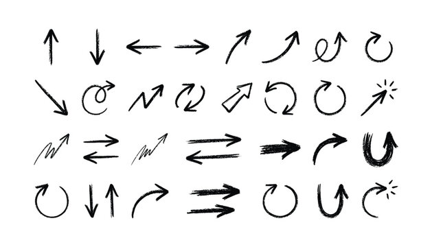 Black hand drawn arrow vector set on transparent background, directional signs, pointers, curved, straight, double headed, circular arrows.