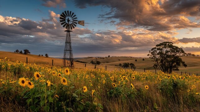 Serene Sunflower Field with Vintage Windmill under Dramatic Sky at Golden Hour in Rural Landscape