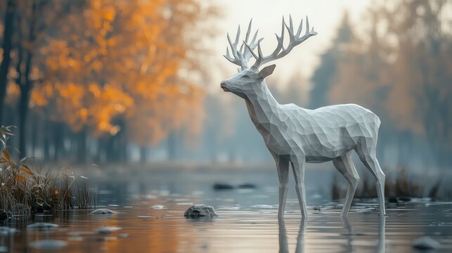 Geometric low poly stag with large antlers standing in shallow water at a foggy forest lake in autumn, warm orange trees and soft bokeh background