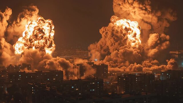 Night city skyline engulfed in flames, massive explosion and towering smoke over residential towers, glowing embers fill sky, firefighters and emergency crews