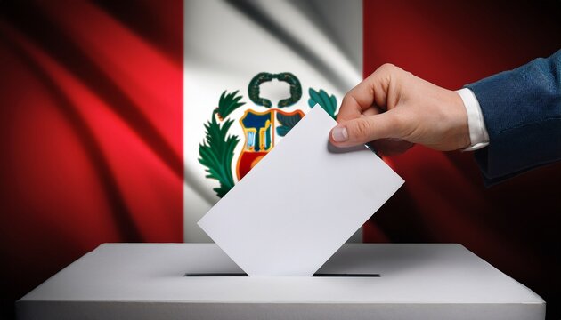 a hand put a paper in a voting box; blurred Peru flag background; dark atmosphere