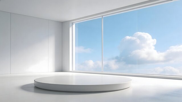 Minimalist room with circular platform and large window