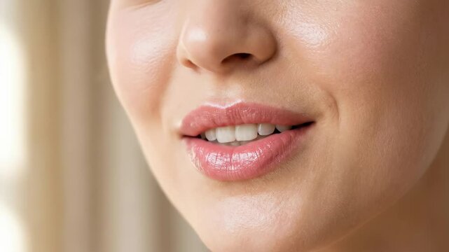 A close-up of glossy pink lips and healthy radiant skin, smooth beauty finish, soft shine and fresh cosmetology detail, flattering light and a youthful polished atmosphere, ultra-realistic, no logos.