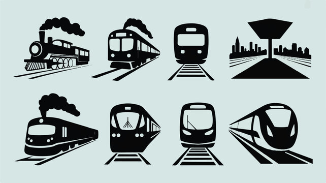 black silhouettes of various trains and locomotives on tracks and rails on gray background