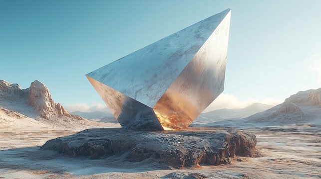 Surreal 3D render of a large metallic pyramid monolith resting on a rock platform in a barren desert valley, glowing with warm light under a clear blue sky