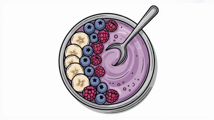 bowl of purple smoothie with banana slices blueberries and raspberries and a spoon © MDMOTIUR