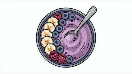 Bowl of purple smoothie with banana blueberries raspberries and spoon © MDMOTIUR