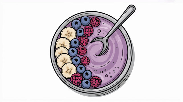 bowl of purple smoothie with banana slices blueberries and raspberries and a spoon