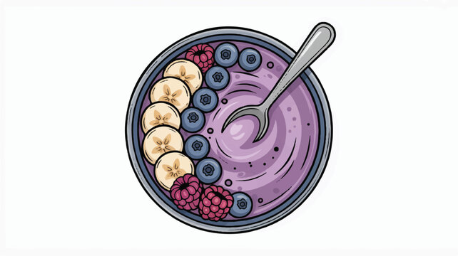 Bowl of purple smoothie with banana blueberries raspberries and spoon