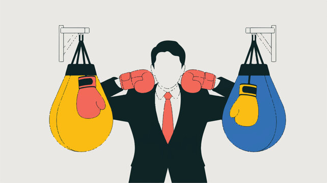Businessman wearing boxing gloves and holding punching bags in office setting