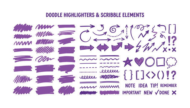 Doodle highlighters scribble elements arrows lines punctuation symbols notes vector transparent background purple.