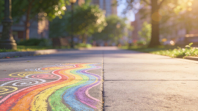 A vibrant, multicolored rainbow wave drawn with chalk on a sunny city park sidewalk. Symbolic artistic expression for Pride Month celebration and visibility, creating a festive atmosphere.
