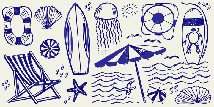 hand drawn beach elements collection in blue ink