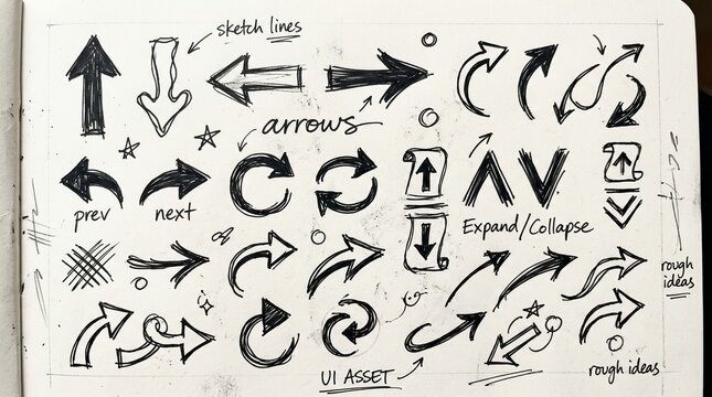 Hand-drawn arrows and icons collection, sketch style, doodles on paper