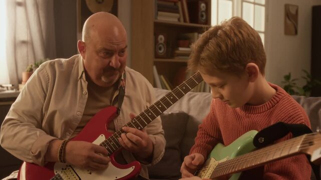 Medium shot of young boy playing electric guitar enjoying jamming with grandfather while sitting on couch at home, scene lit with warm nostalgic lighting Suitable for family activity promotion