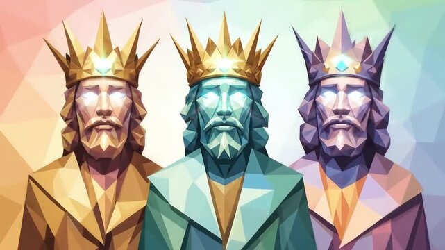 Three powerful kings with glowing eyes and crowns in a modern low-poly art style.