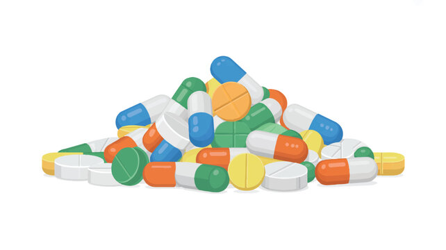 Colorful pile of assorted medical pills and capsules on white