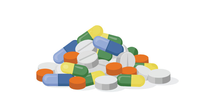 Colorful pile of various pills and capsules on white background