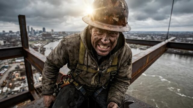 Construction worker man on high steel beam holding large wrench. Intense focused expression overlooking urban city skyline and river. Dramatic industrial labor at heights in cloudy weather with