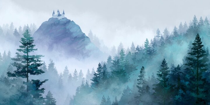 a misty forest with tall trees and a castle atop a mountain