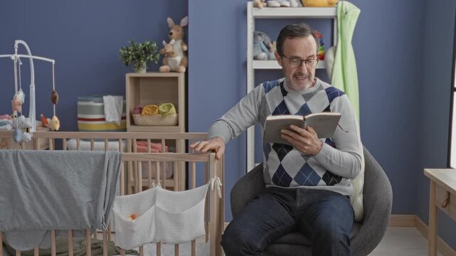 Man reading book with hand on crib in building, seated in armchair wearing glasses and argyle sweater beside mobile and wooden shelf of toys; quiet tender serenity.