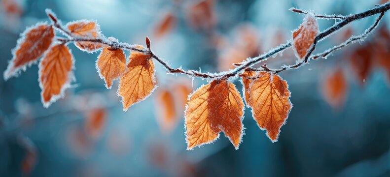 Frost-covered autumn leaves cling to a bare branch against a blurred blue background.
