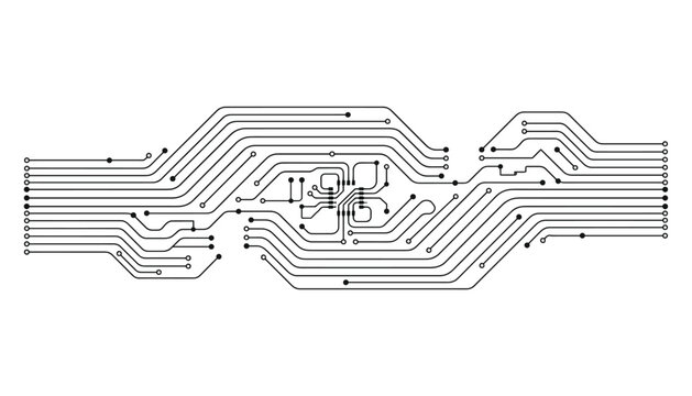 Advanced circuit board with central chip, technology vector abstract design on transparent.
