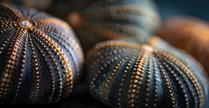 A close-up photograph showcases several sea urchins with their distinctive spiny shells, bathed in warm, diffused light against a dark background.