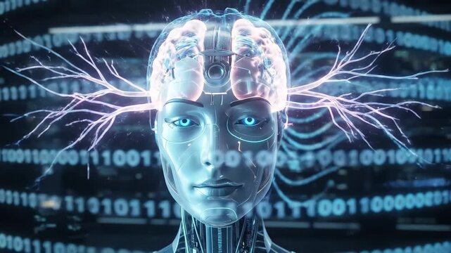 A digital human head with binary code flowing outward from the brain, luminous streams, layered neural energy, dark modern backdrop, visionary artificial intelligence atmosphere, ultra-realistic, no