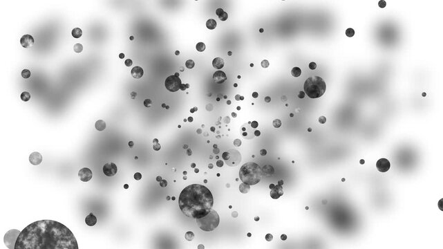 Background scattered glowing circular bokeh and textured moon-like spheres clustered in a spiral animation