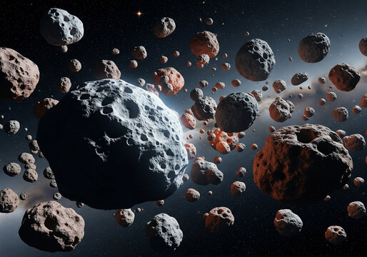 宇宙空間に浮かぶ小惑星群と星空