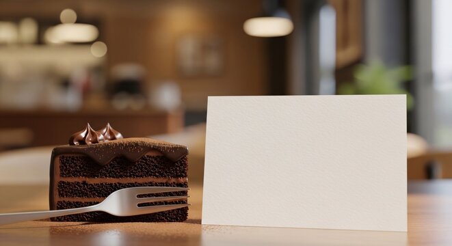 Delicious cake slice with blank paper mockup on cafe table, perfect for dessert menu and bakery branding design.