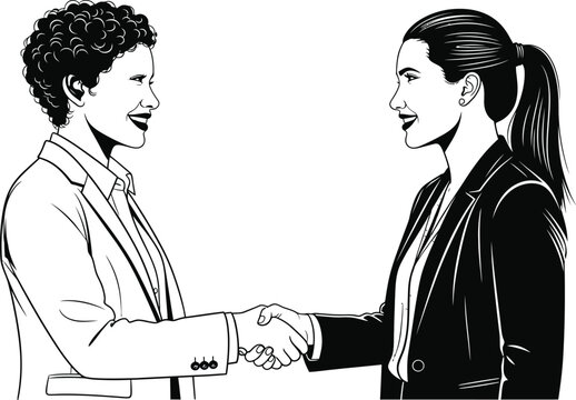 two women shaking hands in black and white line art illustration high quality professional detailed modern elegant stylish clean crisp vibrant colorful digital