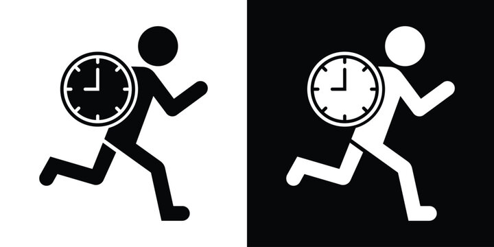 Vector icon of a person running with a clock, symbolizing time management, deadlines, punctuality, and rushing against time. Perfect for business, productivity, and schedule-related designs.