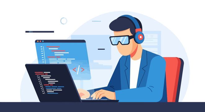 A programmer wearing headphones and VR goggles working diligently on a laptop with code on the screen