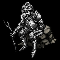 Obraz premium Hand Painted Watercolor Medieval Knight Resting on a Stone Wall with a Wooden Staff, Traditional Fantasy Illustration